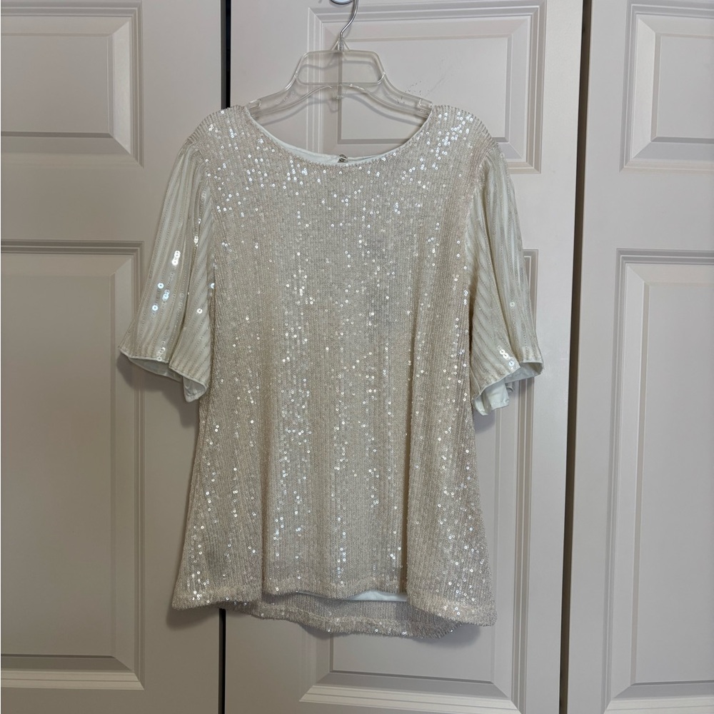 NWT Cable & Gauge Sparkling Cream Sequin Blouse sz XL